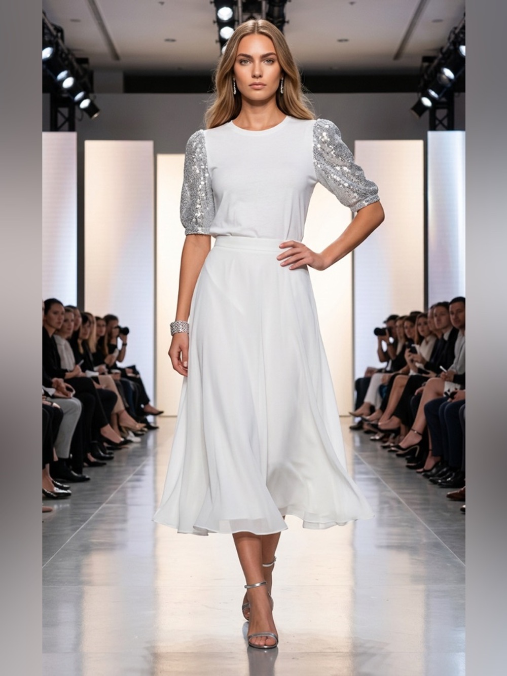 Dkny White Tee with Silver Sequin Puff Sleeves